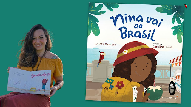 Composição: capa do livro "Nina vai ao Brasil" e a autora Renata Formoso
