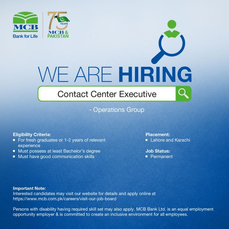 MCB Bank Jobs fOR CONTACT CENTER EXECUTIVE