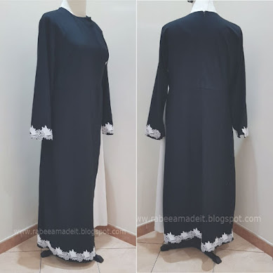 how to embellish abaya or modest dress, abaya transformation, refashion dress ideas, refashion abaya ideas, rabeeamadeit, embellish with lace, annah hariri dress