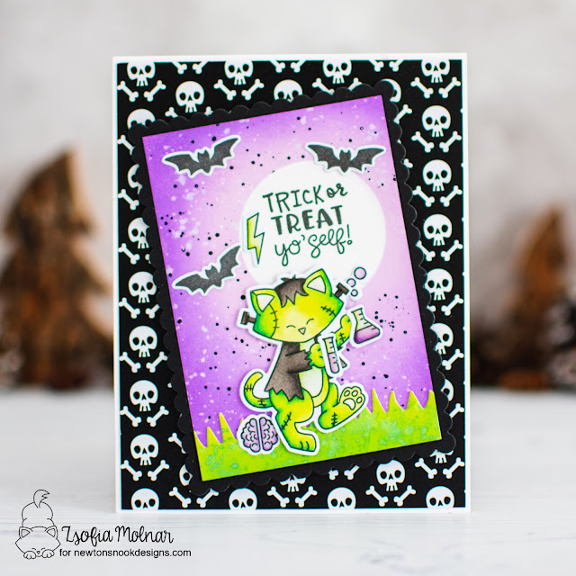 Trick or Treat Yo' Self Card by Zsofia Molnar | Frankenk-Newton Stamp Set, Halloween Pile Stamp Set, Land Borders Die Set, Halloween Woofs Paper Pad, and Frames & Flags Die Set by Newton's Nook Designs #newtonsnook #handmade