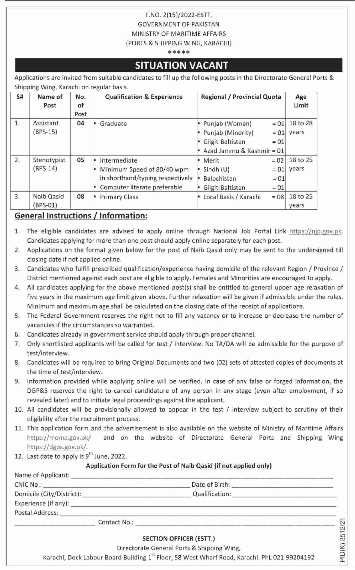 Ministry of Maritime Affairs DGPS Wing Karachi Jobs 2022