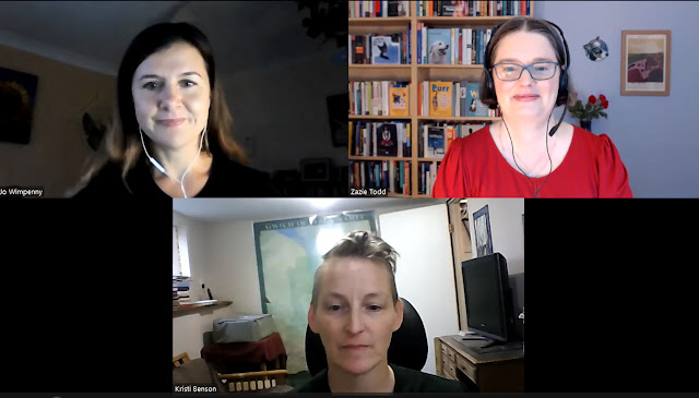 Jo Wimpenny, Zazie Todd, and Kristi Benson chat on Zoom about Jo's book Aesop's Animals