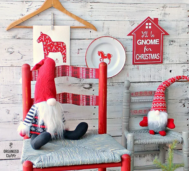 A Nordic Thrift Shop Stool Makeover and Nordic Themed Decor #stencil #gnomes #tomte #nisse #NordicChristmas #dalahorse #upcycle #thriftshopmakeover #milkpaint