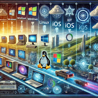 This image was generated using DALL·E, an AI-powered image generation tool, to visualize the evolution of operating systems from early graphical interfaces to the future of cloud computing, IoT, and augmented reality.