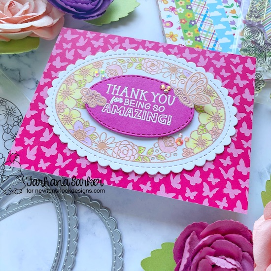 Thank You Card by Farhana Sarker | Best Mom Oval Stamp Set, Oval Frames Die Set, Beautiful Wings Stamp Set and Springtime Paper Pad by Newton's Nook Designs #newtonsnook