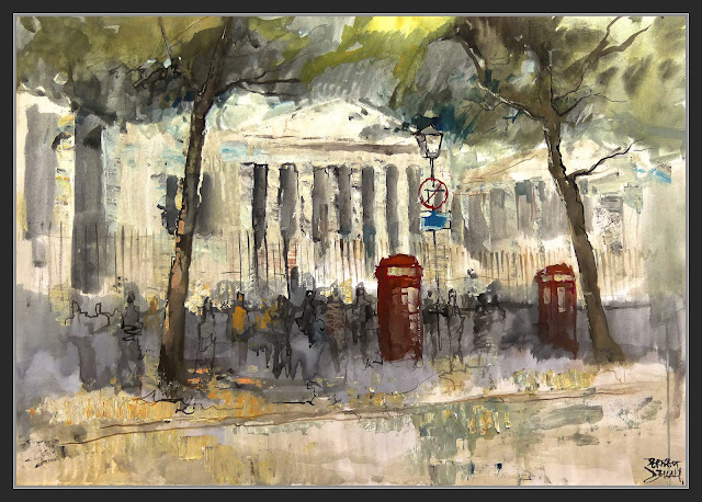 BRITISH MUSEUM-LONDON-LONDRES-PINTURA-ARTE-VISITANTES-CABINAS-TELEFONOS-EDIFICIOS-SOMBRAS-ARBOLES-PINTOR-ERNEST DESCALS