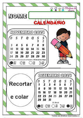 Calendário folhinha de 2024,alfabetização