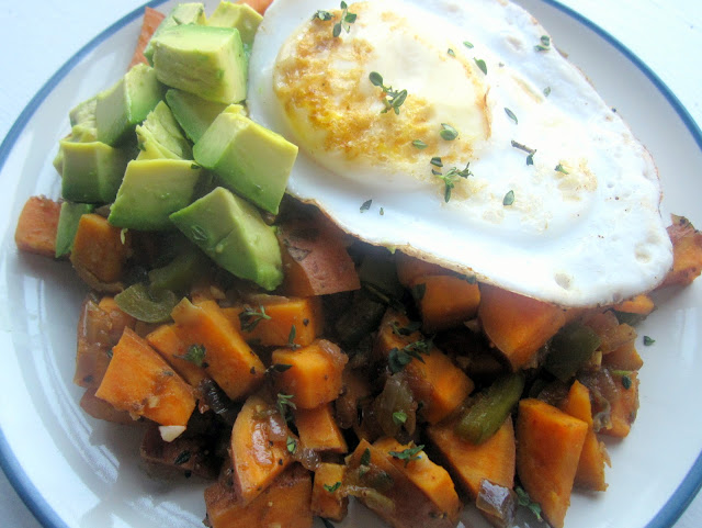 Chile Sweet Potato Hash with Eggs and Avocado