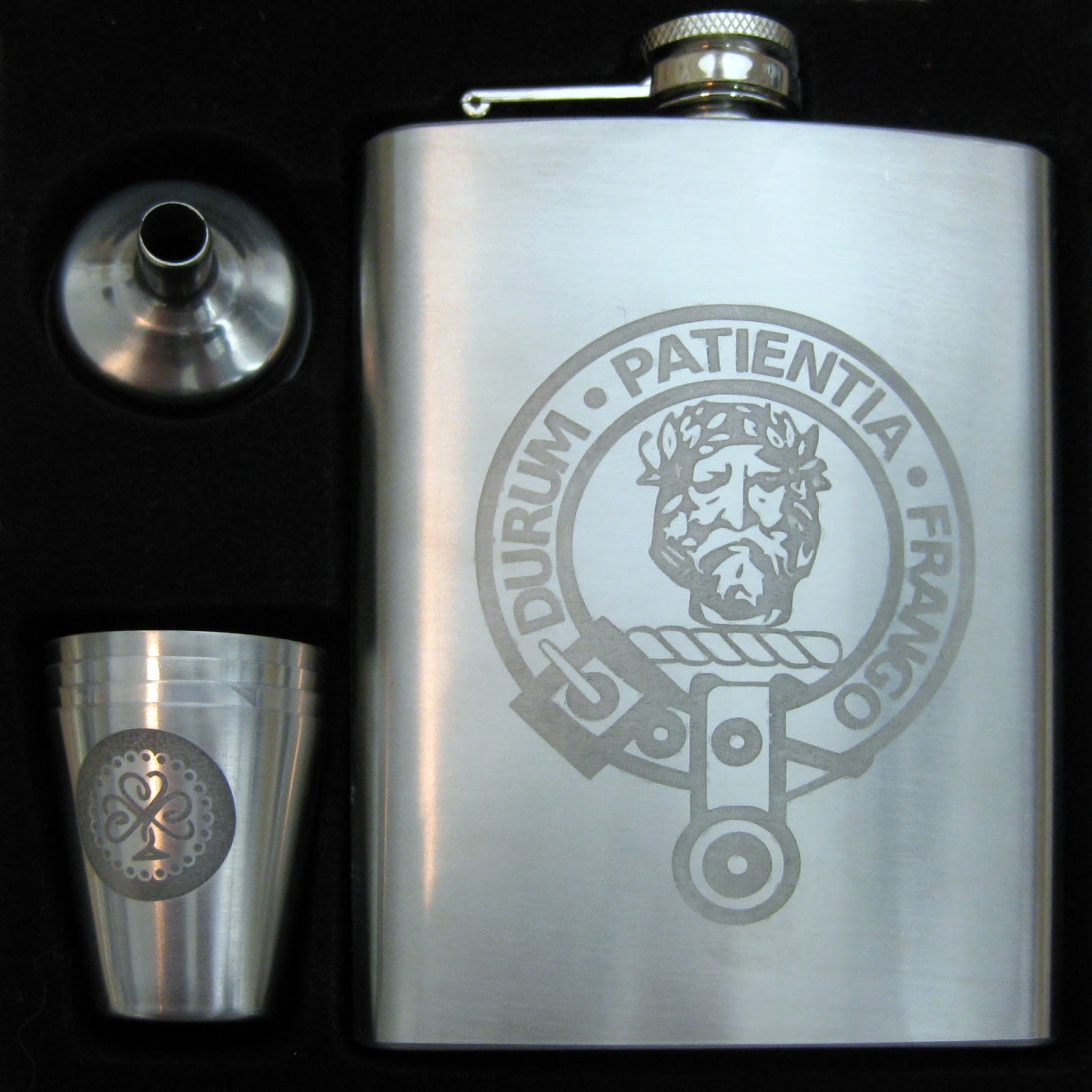 Stainless Steel Hipflask and Shot Glasses Etched with Edinburgh Etch Solution (Ferric Chloride) using Vinyl Resists Cut with Silhouette Cameo.  Tutorial by Nadine Muir for Silhouette UK Blog