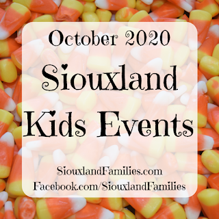 in background, a pile of candy corn. in foreground, the words "October 2020 Siouxland Kids Events"