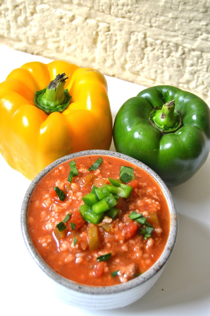 Vegetarian Stuffed Bell Pepper Soup- flavorful and hearty. Uses whole-grain brown rice for more fiber and is perfect for a chilly day.