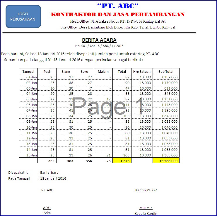 Contoh Berita Acara Katering Tambang Batubara - Mas Yuli