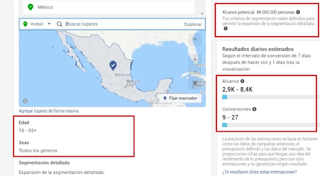 Estimaciones de alcance y conversiones con presupuesto en Facebook  México