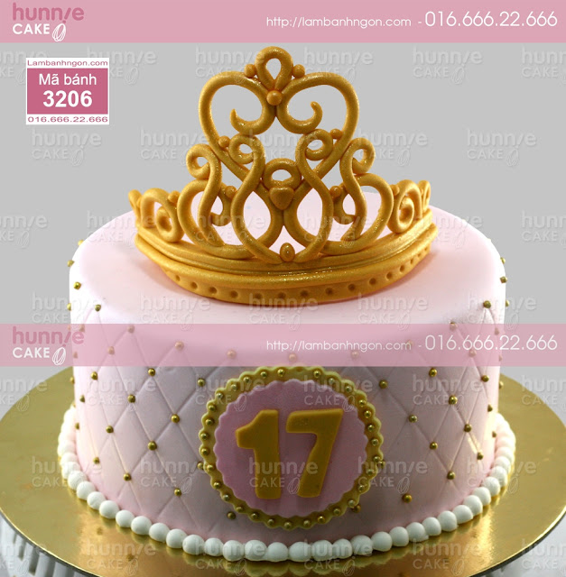 Bánh sinh nhật fondant vương miện mạ vàng tông hồng cho bé gái