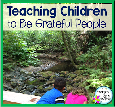 Two children overlook a peaceful creek with lush greenery, and pratice gratitude