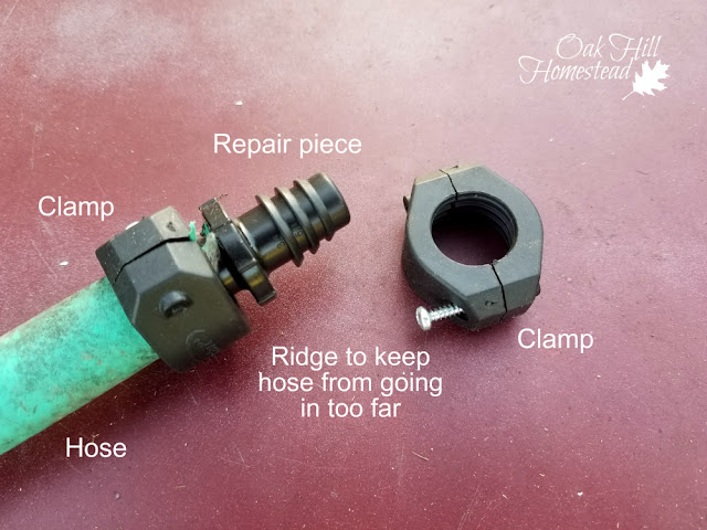 The parts you'll need to repair a hole in a garden hose (labeled parts).