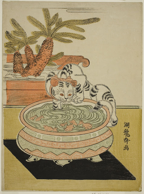 Cat pawing goldish, Japanese colour woodblock print