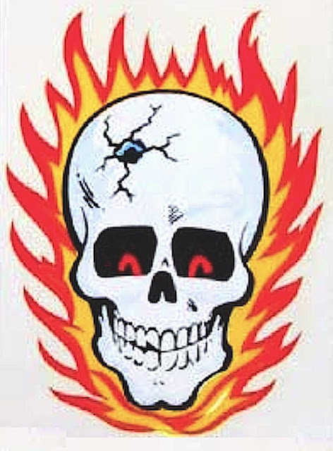 a color 1950s 1960s bicycle decal, the flaming skull with bullet hole