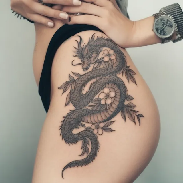 Tatuagem feminina dragão quadril coxa