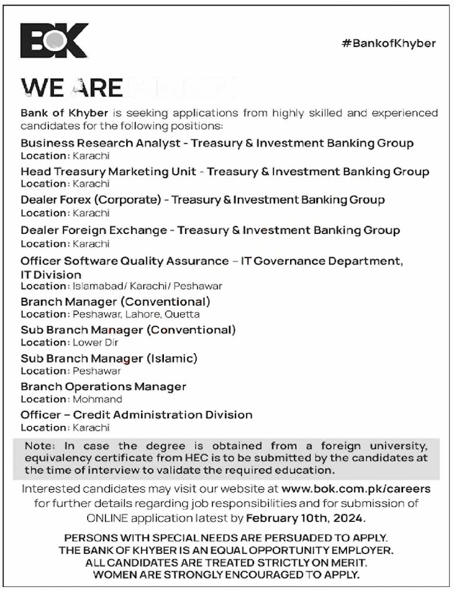 Bank of Khyber Jobs 2024 BOK Online Apply Branch Managers & Others Latest