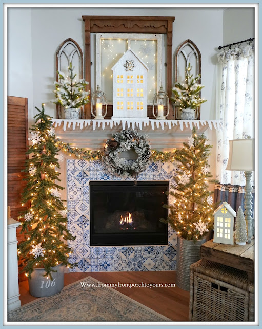 Winter -Fireplace -Mantel -Cottage-Farmhouse-Vintage-DIY-Blue & White-Decor-Design-From My Front Porch To Yours