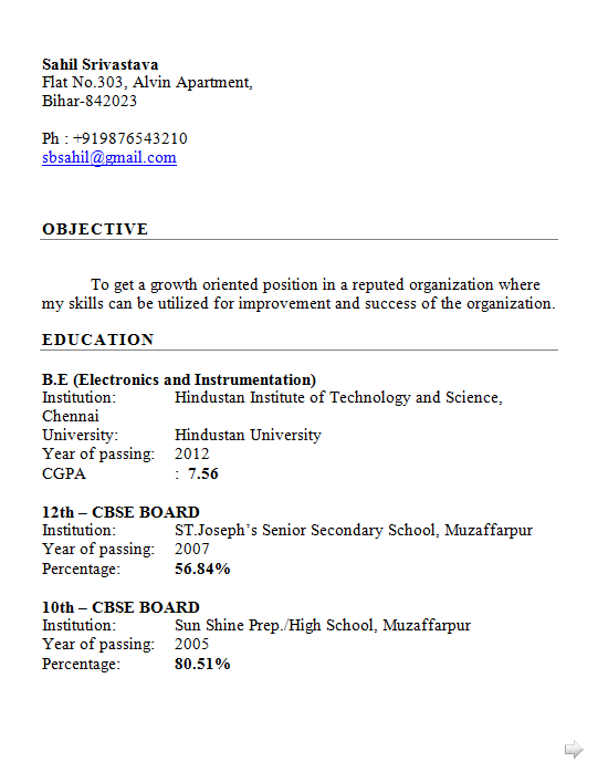 resume for instrumentation engineer fresher