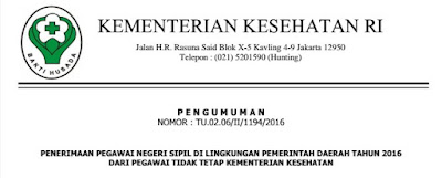 Penerimaan CPNS 2016 Lingkungan Pemda Untuk PTT Kementerian Kesehatan RI