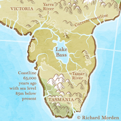 map detail of ice-age lake bass and tasmanian land bridge