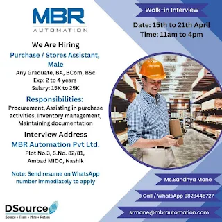 BA, B Com, BSc Jobs Vacancies In MBR Automation Pvt Ltd for Purchase & Stores Assistant Posts | Walk-in-Interview