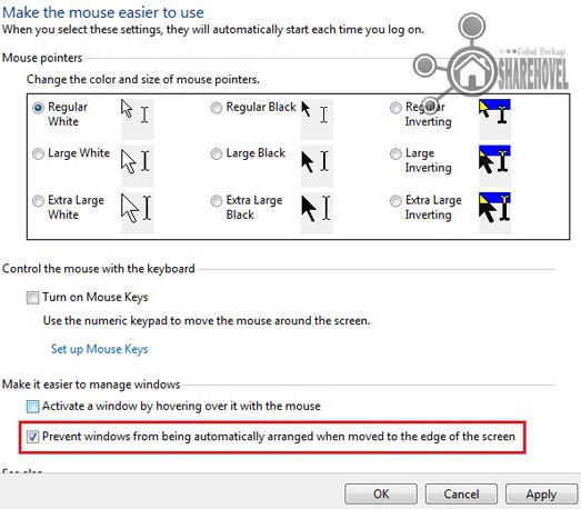 beri tanda centang pada Prevent windows from being automatically arranged when moved to the edge of the screen untuk menonaktifkan aero snape beri tanda centang pada Prevent windows from being automatically arranged when moved to the edge of the screen untuk menonaktifkan aero snape - Cara Mempercepat Kinerja Sistem Operasi Windows 7