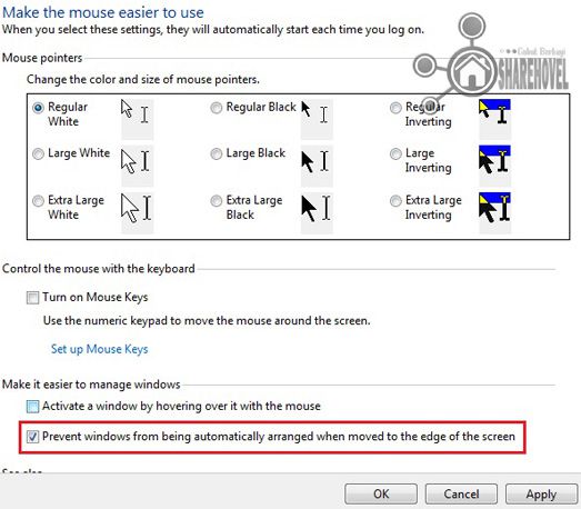 beri tanda centang pada Prevent windows from being automatically arranged when moved to the edge of the screen untuk menonaktifkan aero snape - Cara Mempercepat Kinerja Sistem Operasi Windows 7