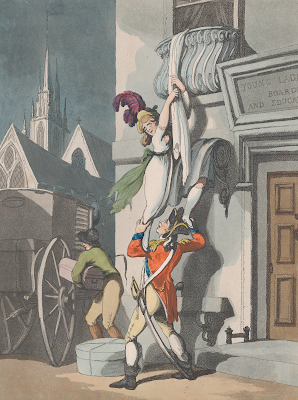 Regency young lady climbing down sheet rope from window with soldier below to catch her
