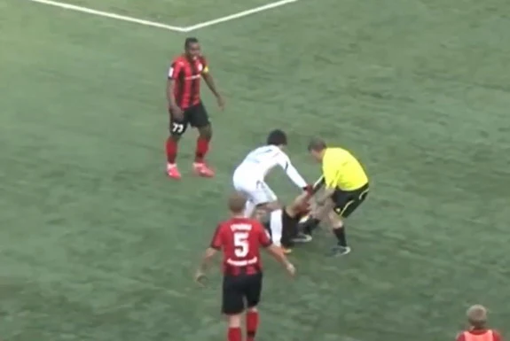 Raging Chechen linesman Musa Kadyrov punches and kicks Amkar player Ilya Krichmar