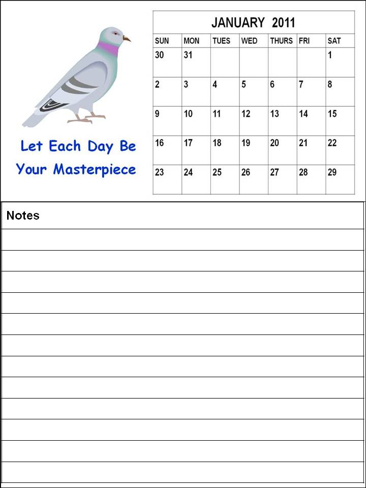 2011 calendar with notes