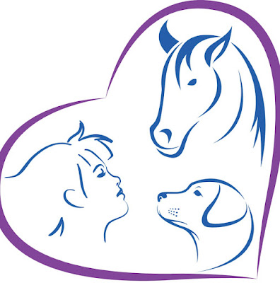 ID: a purple heart surrounds line drawings in blue of a human, a dog, and a horse.