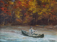 Canoeing in the Fall,  6 x 8 oil painting by Clemence St. Laurent - man in his canoe along the shore