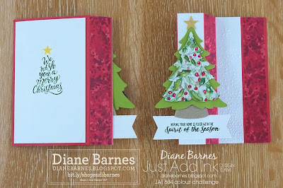 Fancy fold square column Christmas card featuring Stampin Up Merriest Trees stamps and dies, Snowflake sky embossing folder, Joy of Christmas paper, Stylish Shapes dies. Card by Diane Barnes - Independent Demonstrator in Sydney Australia - stampinupcards - colourmehappy - stampinupchristmascards