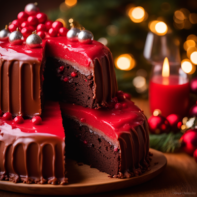 Das Bild zeigt einen Schoko-Punsch-Kuchen auf einem Holztisch. Der Kuchen ist braun und hat eine glatte Oberfläche. Er ist mit einer roten Punsch-Glasur dekoriert. Die Glasur hat eine glatte. glänzende Oberfläche. Der Kuchen sieht lecker und ansprechend aus. Er ist eine perfekte Wahl für eine besondere Gelegenheit in der Weihnachtszeit oder einfach nur für eine gemütliche Kaffeerunde.