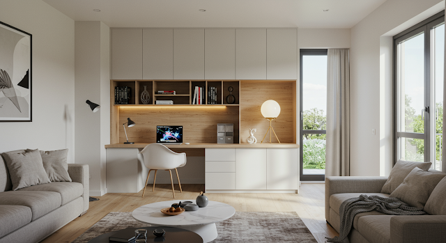 تصميم داخلي مرن لغرفة معيشة في فيلا من تصميم الدرع تتضمن زاوية مكتب أنيقة