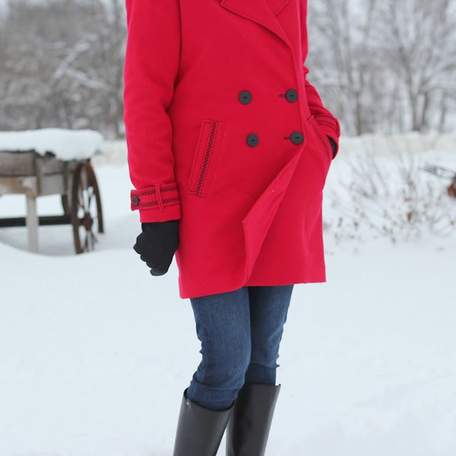 Simplicity 8451 red wool coat with decorative stitches created in the Embroidery Mode with the Pfaff Creative Icon