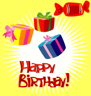 Graphic Image : Yellow Backgound , Gift boxes. Happy Birthday Gift Card 