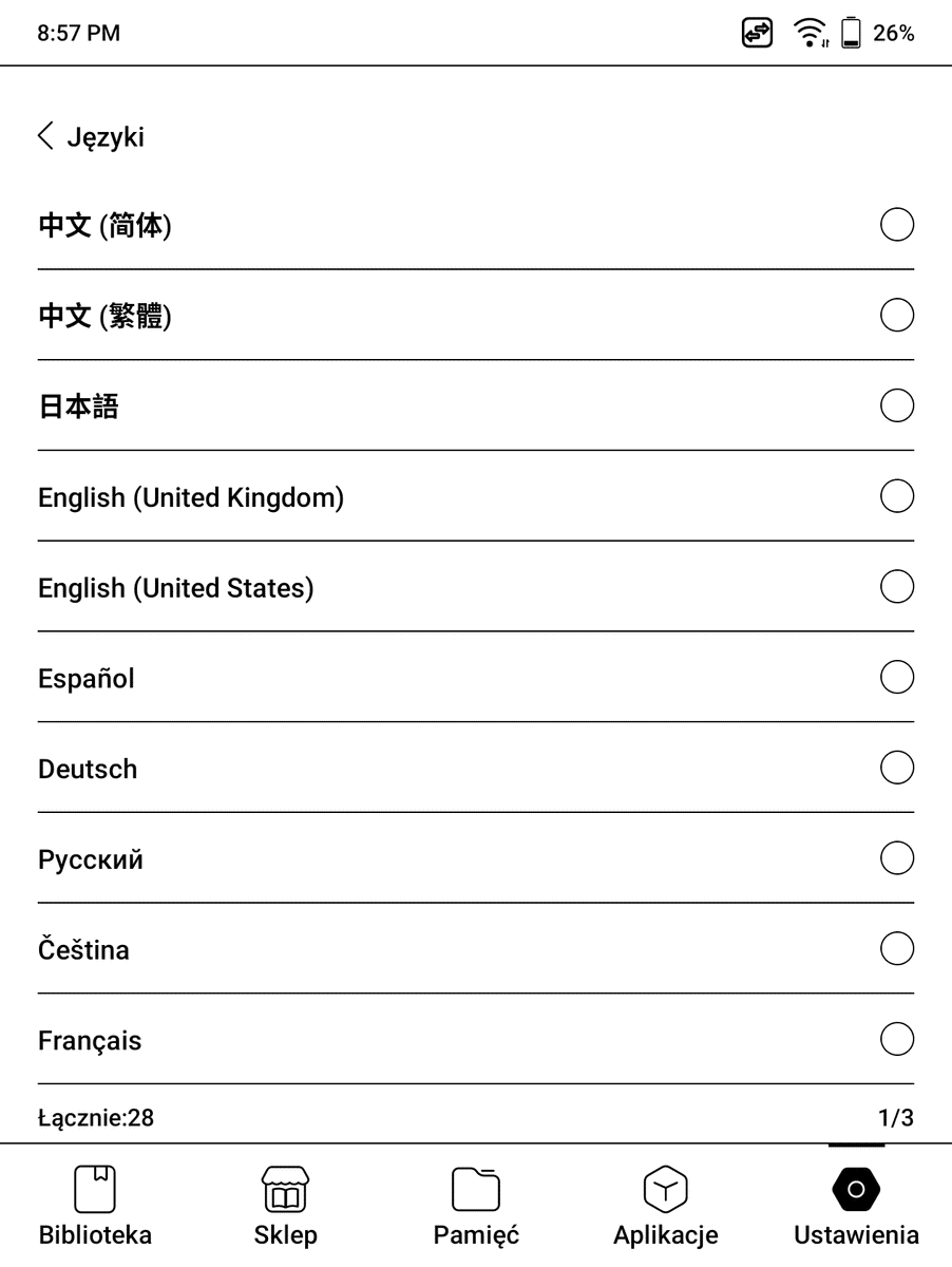 Onyx Boox Page – ustawienia wyboru języka menu