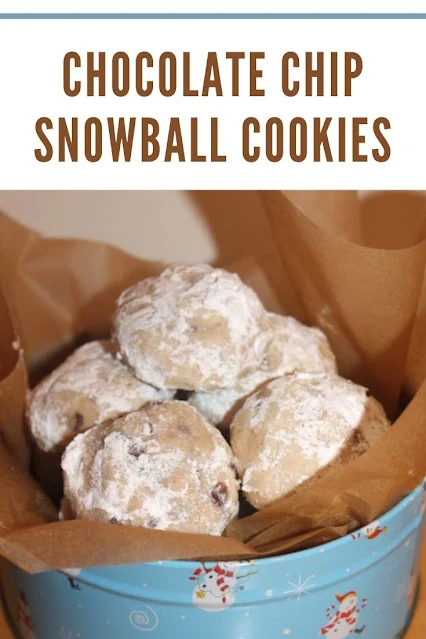 Close-up of the finished chocolate chip snowball cookies.