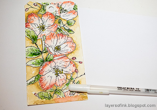 Layers of ink - Wild Rose Watercolor Tag Tutorial by Anna-Karin Evaldsson. Add highlights with a white gel pen.