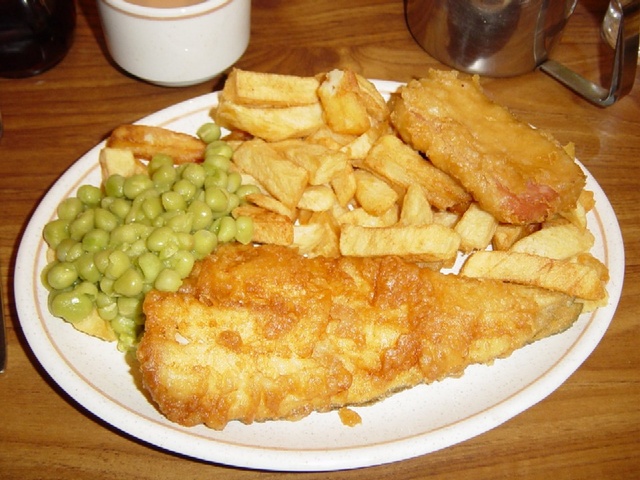 fish and chips and peas. fish and chips,