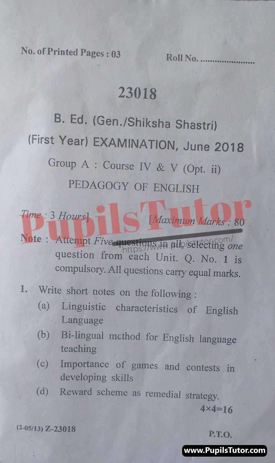 CRSU (Chaudhary Ranbir Singh University, Jind Haryana) BEd Regular Exam First Year Previous Year Pedagogy Of English Question Paper For June, 2018 Exam (Question Paper Page 1) - pupilstutor.com
