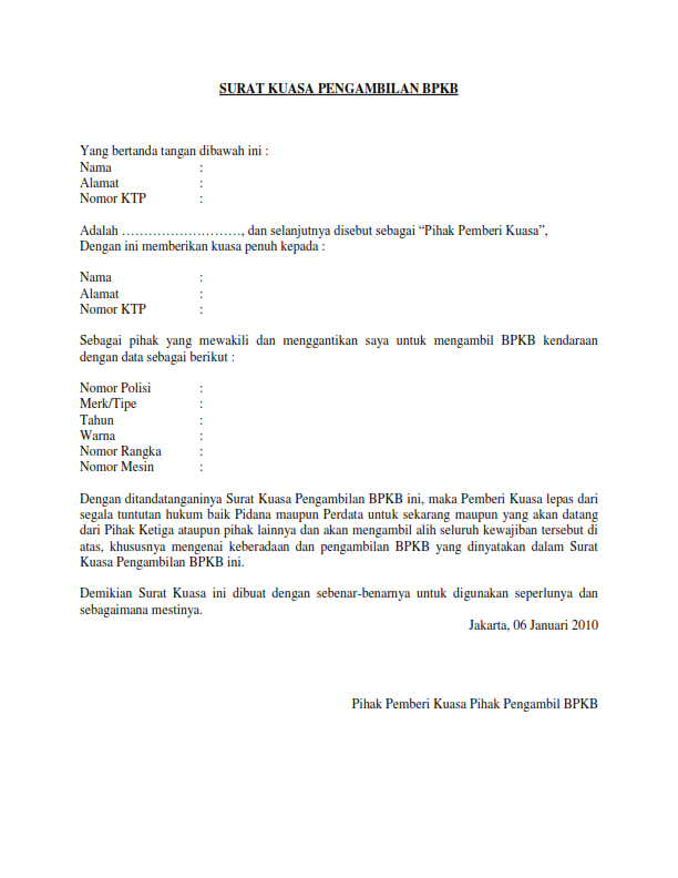 Contoh surat kuasa pengambilan BPKB  Leon Pulsa Payment  Distributor 