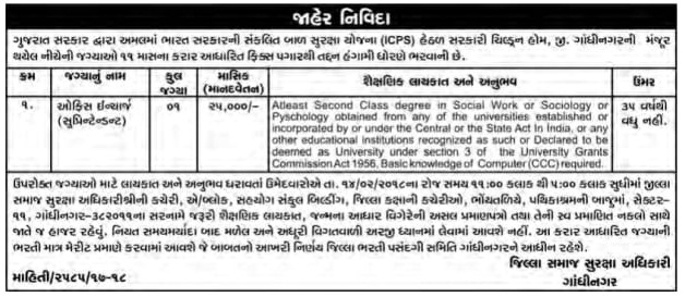 ICPS Gandhinagar Recruitment for Officer Incharge (Superintendent) Post 2018