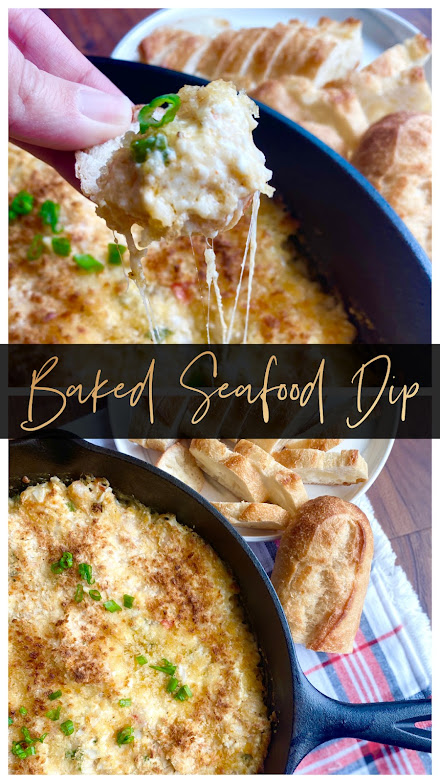 Collage of Baked Seafood Dip photos....hand pulling dip from skillet with cheesy layer on baguette.