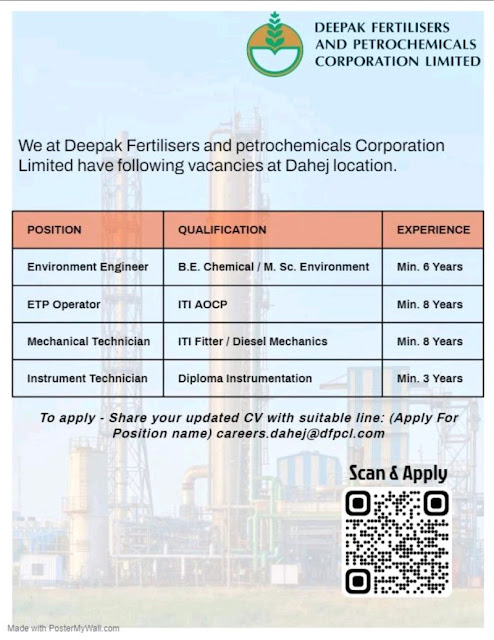 Deepak Fertilisers And Petrochemicals Hiring For Environment Engineer/ ETP/ Mechanical Technician/ Instrument Technician